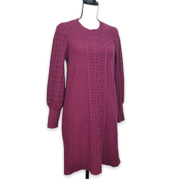 LOFT Dresses & Skirts - LOFT Cable Knit Sweater Dress Size M Thick Balloon Sleeve Magenta Purple Pink